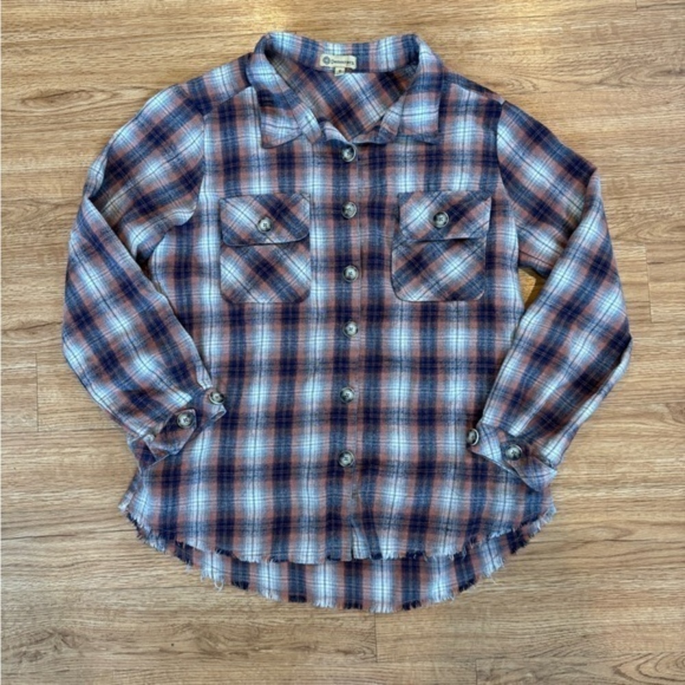 Democracy plaid shirt “shacket ” size small button up front pockets frayed hem